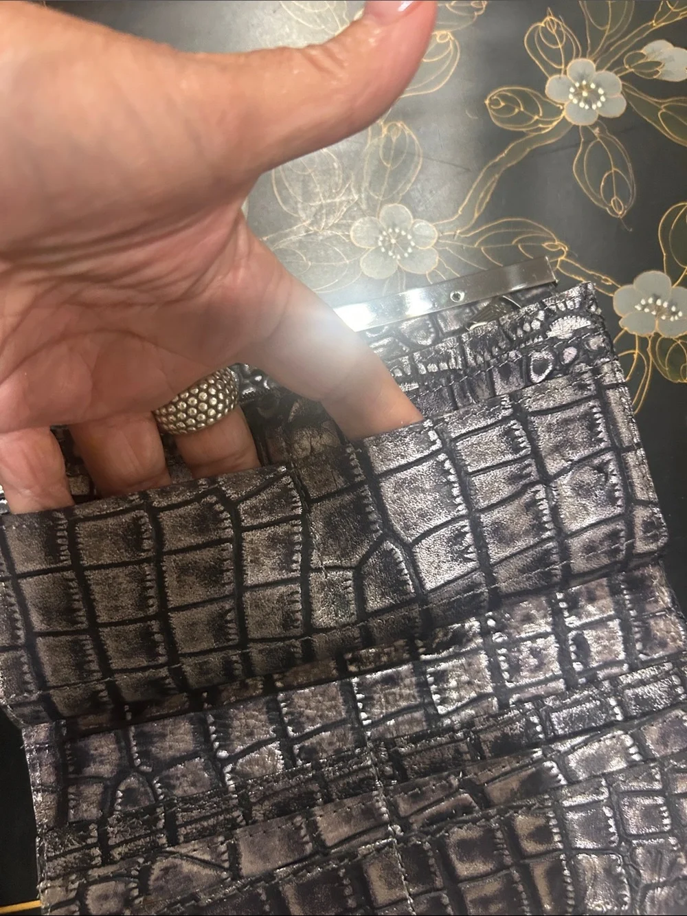 Patricia Nash Croc-Embossed black Clutch with Silver Frame